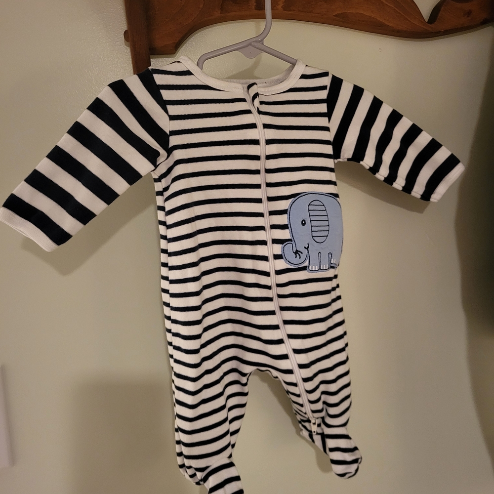 Striped Black and White Baby One Piece with Elephant Patch